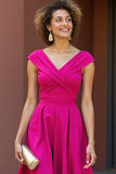 Fuchsia Satin V-Neck Midi A Line Mother of the Bride Dress