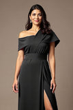 Black Satin One Shoulder Sheath Maxi Mother of the Bride Dress with Slit