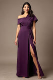 Black Satin One Shoulder Sheath Maxi Mother of the Bride Dress with Slit