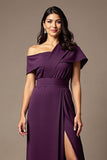 Black Satin One Shoulder Sheath Maxi Mother of the Bride Dress with Slit