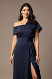Black Satin One Shoulder Sheath Maxi Mother of the Bride Dress with Slit