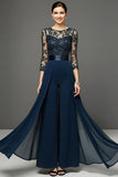 Navy Chiffon Maxi Mother of the Bride Pantsuits with Appliques
