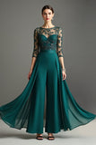 Navy Chiffon 3/4 Sleeves Mother of the Bride Pantsuits with Lace