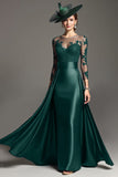 Navy Illusion Neck Maxi Satin Mother of the Bride Dress with Lace