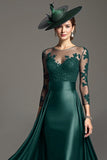 Navy Illusion Neck Maxi Satin Mother of the Bride Dress with Lace