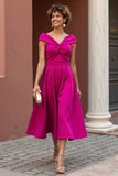 A Line Fuchsia Satin V-Neck Midi Mother of the Bride Dress