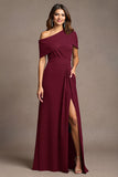 Burgundy Sheath Maxi Mother of the Bride Dress with Slit
