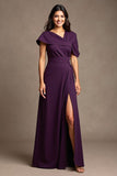 Grape Satin A Line Long Mother of the Bride Dress with Slit