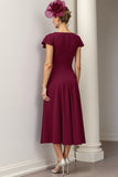 Burgundy A Line Bateau Neck Satin Midi Mother of the Bride Dress