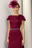 Burgundy A Line Bateau Neck Satin Midi Mother of the Bride Dress