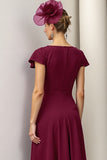 Burgundy A Line Bateau Neck Satin Midi Mother of the Bride Dress