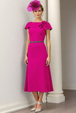 Burgundy A Line Bateau Neck Satin Midi Mother of the Bride Dress