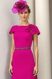 Burgundy A Line Bateau Neck Satin Midi Mother of the Bride Dress