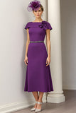 Burgundy A Line Bateau Neck Satin Midi Mother of the Bride Dress