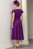 Burgundy A Line Bateau Neck Satin Midi Mother of the Bride Dress