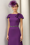 Burgundy A Line Bateau Neck Satin Midi Mother of the Bride Dress