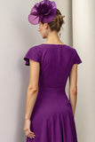 Burgundy A Line Bateau Neck Satin Midi Mother of the Bride Dress