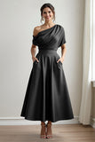 A Line Black Long Satin Mother of the Bride Dress with Pockets