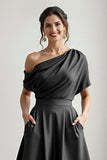 A Line Black Long Satin Mother of the Bride Dress with Pockets