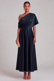 Navy A-Line One Shoulder Ruched Maxi Formal Dress