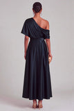 Navy A-Line One Shoulder Ruched Maxi Formal Dress