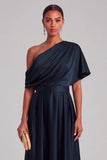 Navy A-Line One Shoulder Ruched Maxi Formal Dress