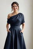 A Line Black Long Satin Mother of the Bride Dress with Pockets