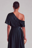 Navy A-Line One Shoulder Ruched Maxi Formal Dress