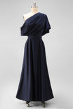Navy A-Line One Shoulder Ruched Maxi Formal Dress