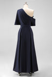 Navy A-Line One Shoulder Ruched Maxi Formal Dress