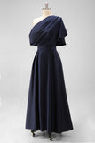 Navy A-Line One Shoulder Ruched Maxi Formal Dress