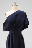 Navy A-Line One Shoulder Ruched Maxi Formal Dress