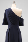 Navy A-Line One Shoulder Ruched Maxi Formal Dress