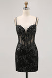 Sparkly Black Corset Tight Sequins Spaghetti Straps Short Prom Dress