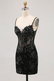 Sparkly Black Corset Tight Sequins Spaghetti Straps Short Prom Dress