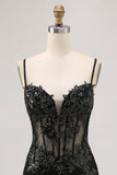 Sparkly Black Corset Tight Sequins Spaghetti Straps Short Prom Dress