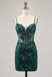 Sparkly Dark Green Corset Short Tight Prom Dress with Sequins