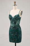 Sparkly Dark Green Corset Short Tight Prom Dress with Sequins