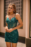 Sparkly Dark Green Short Corset Tight Cocktail Dress with Sequins