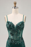 Sparkly Dark Green Corset Short Tight Prom Dress with Sequins