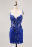 Sparkly Black Corset Tight Sequins Spaghetti Straps Short Prom Dress