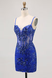 Sparkly Black Corset Tight Sequins Spaghetti Straps Short Prom Dress