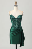 Sparkly Dark Green Satin Corset Short Prom Dress with Drape