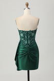 Sparkly Dark Green Satin Corset Short Prom Dress with Drape
