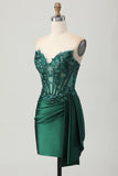 Sparkly Dark Green Satin Corset Short Prom Dress with Drape