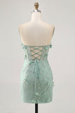 Sparkly Sage Floral Sweetheart Corset Tight Mini Prom Dress with Applique