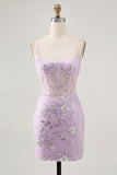 Sparkly Lilac Floral Tight Corset Mini Prom Dress with Sequins