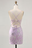 Sparkly Lilac Floral Tight Corset Mini Prom Dress with Sequins