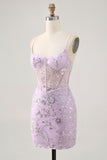 Sparkly Lilac Floral Tight Corset Mini Prom Dress with Sequins