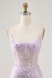 Sparkly Lilac Floral Tight Corset Mini Prom Dress with Sequins